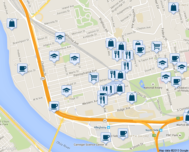 map of restaurants, bars, coffee shops, grocery stores, and more near in Pittsburgh