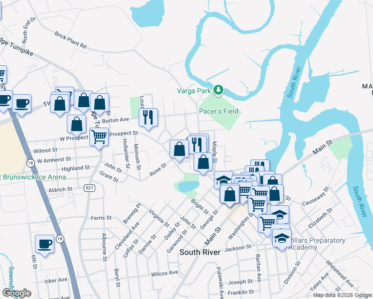 map of restaurants, bars, coffee shops, grocery stores, and more near 27 June Street in South River