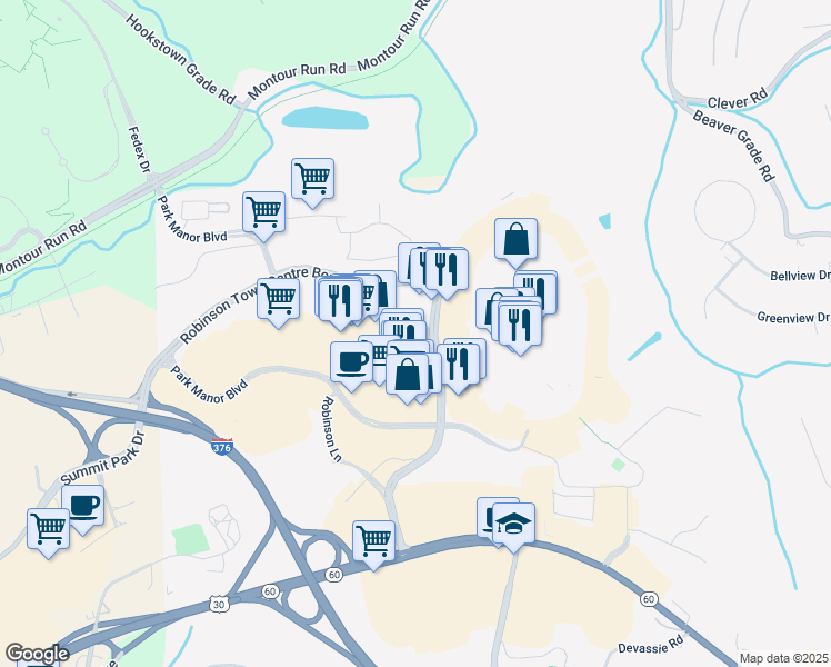 map of restaurants, bars, coffee shops, grocery stores, and more near 6491 Robinson Centre Drive in Pittsburgh