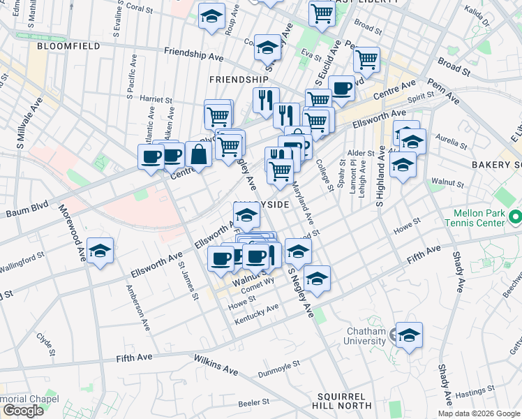 map of restaurants, bars, coffee shops, grocery stores, and more near in Pittsburgh
