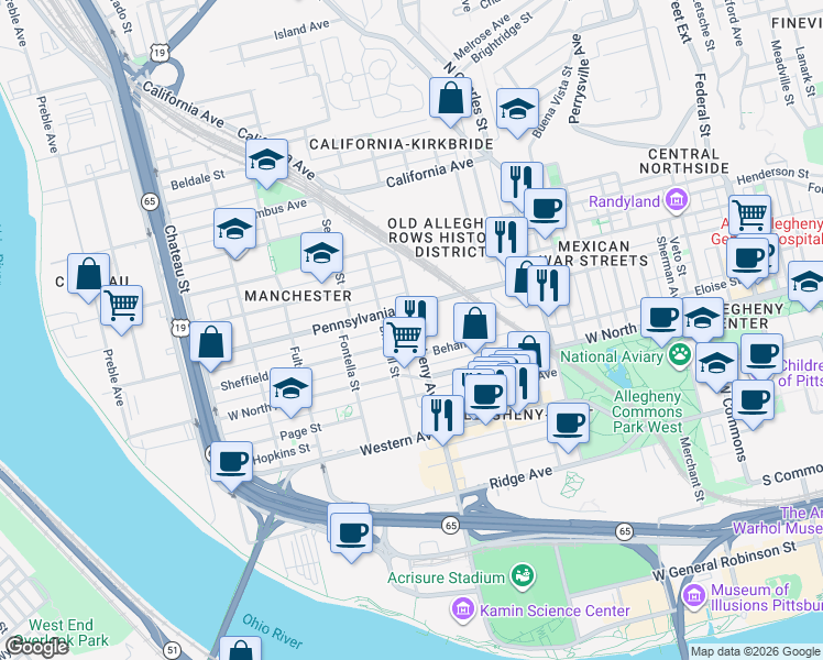map of restaurants, bars, coffee shops, grocery stores, and more near 1305 Allegheny Avenue in Pittsburgh