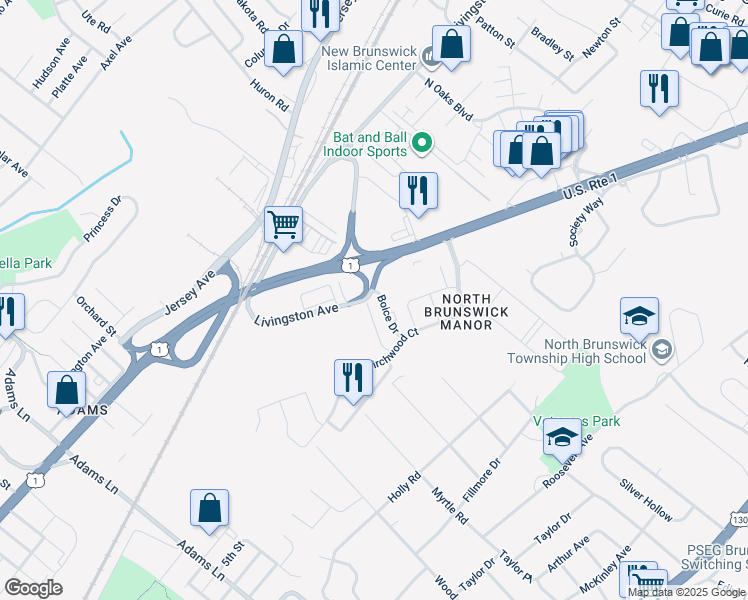 map of restaurants, bars, coffee shops, grocery stores, and more near 4901 Boice Drive in North Brunswick Township