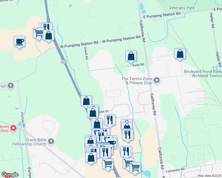 map of restaurants, bars, coffee shops, grocery stores, and more near 223 Cedar Drive in Quakertown