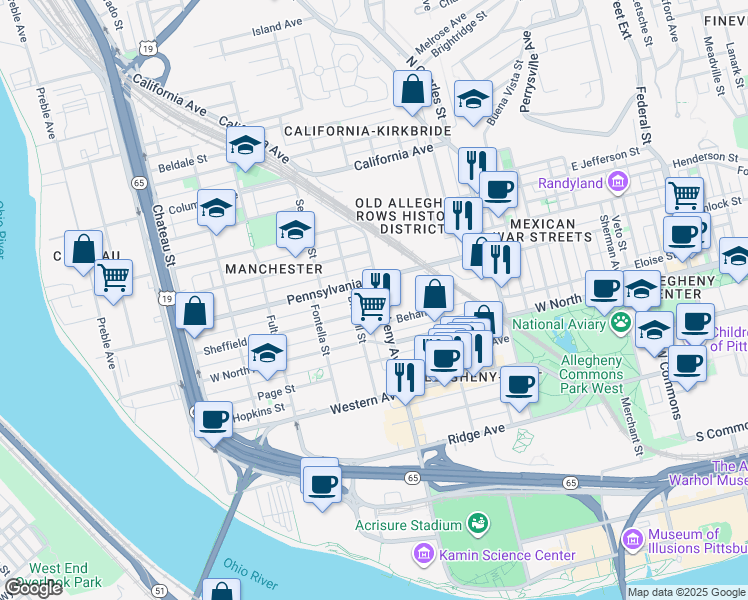map of restaurants, bars, coffee shops, grocery stores, and more near 1307 Allegheny Avenue in Pittsburgh