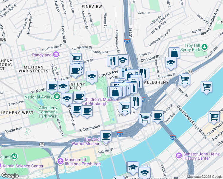 map of restaurants, bars, coffee shops, grocery stores, and more near 820 James Street in Pittsburgh