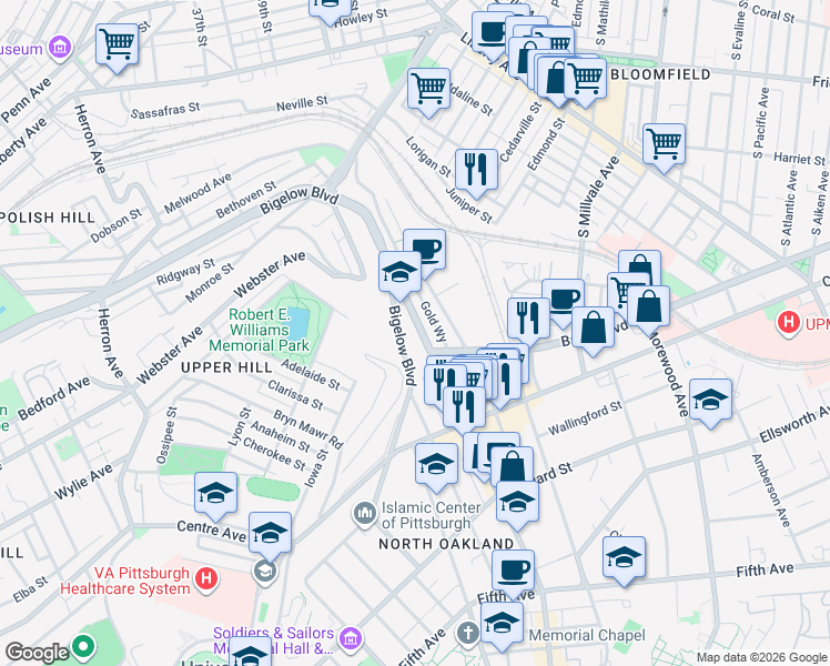 map of restaurants, bars, coffee shops, grocery stores, and more near 415 North Craig Street in Pittsburgh