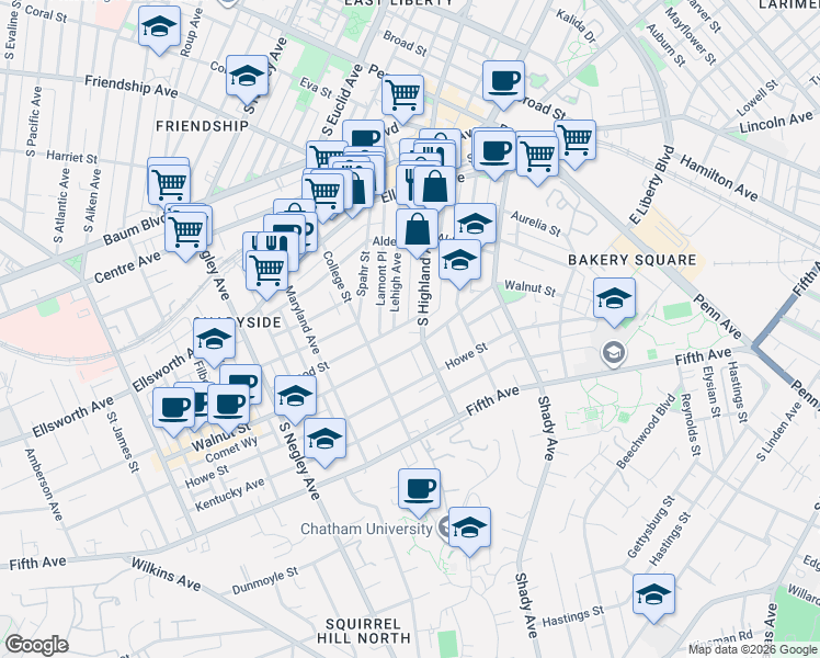 map of restaurants, bars, coffee shops, grocery stores, and more near 375 Lehigh Avenue in Pittsburgh