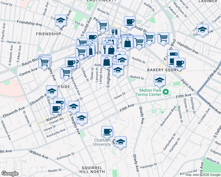 map of restaurants, bars, coffee shops, grocery stores, and more near 6105 Walnut Street in Pittsburgh