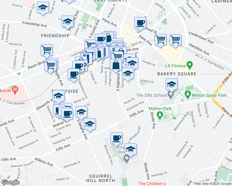 map of restaurants, bars, coffee shops, grocery stores, and more near 372 South Highland Avenue in Pittsburgh
