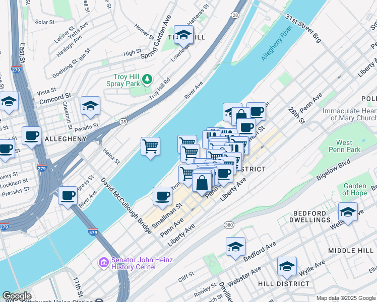 map of restaurants, bars, coffee shops, grocery stores, and more near 2 23rd Street in Pittsburgh