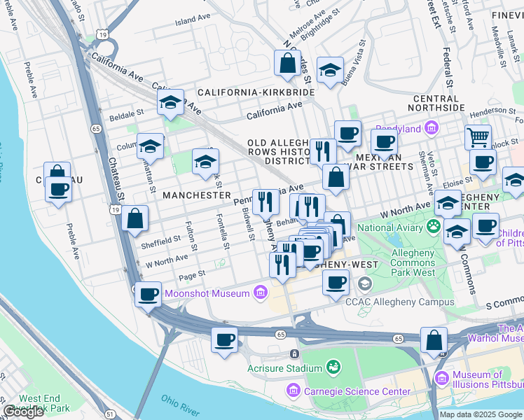 map of restaurants, bars, coffee shops, grocery stores, and more near 1307 Allegheny Avenue in Pittsburgh