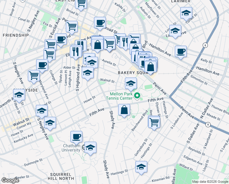 map of restaurants, bars, coffee shops, grocery stores, and more near 342 Denniston Street in Pittsburgh