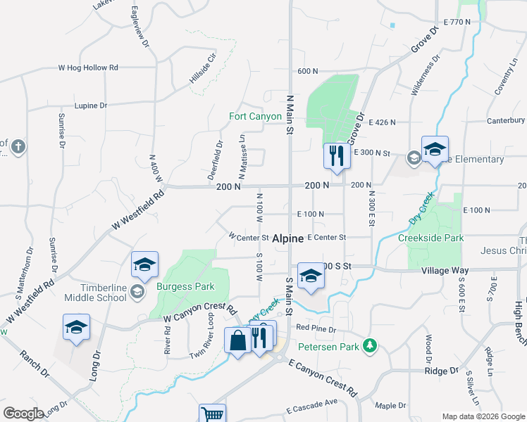 map of restaurants, bars, coffee shops, grocery stores, and more near 153 North 100 West in Alpine