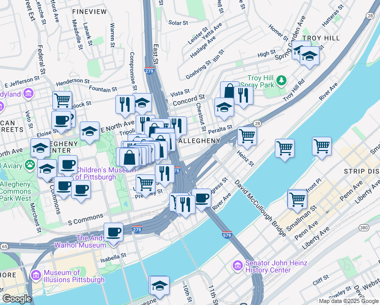 map of restaurants, bars, coffee shops, grocery stores, and more near in Pittsburgh