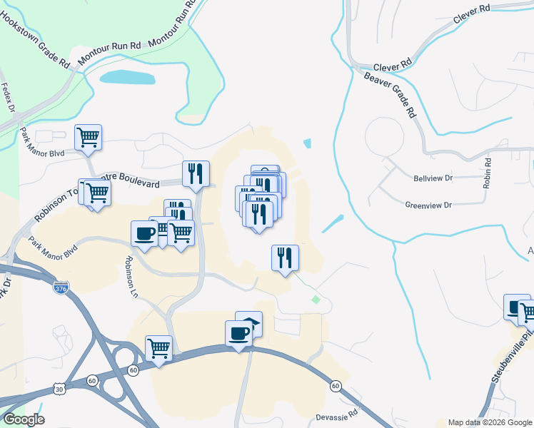 map of restaurants, bars, coffee shops, grocery stores, and more near 2000 Robinson Town Centre Boulevard in Pittsburgh