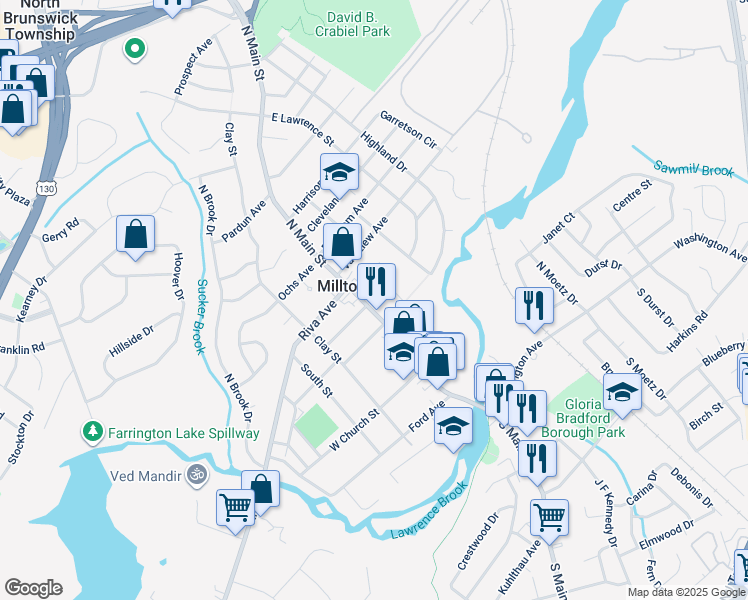 map of restaurants, bars, coffee shops, grocery stores, and more near in Milltown