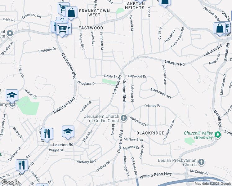 map of restaurants, bars, coffee shops, grocery stores, and more near in Wilkinsburg