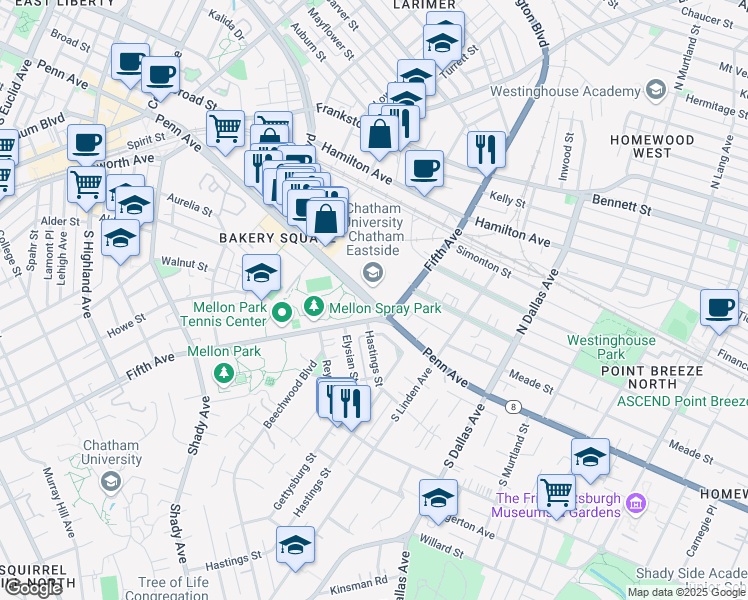 map of restaurants, bars, coffee shops, grocery stores, and more near 6565 Penn Avenue in Pittsburgh