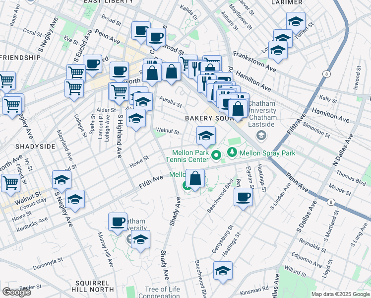 map of restaurants, bars, coffee shops, grocery stores, and more near 342 Denniston Street in Pittsburgh