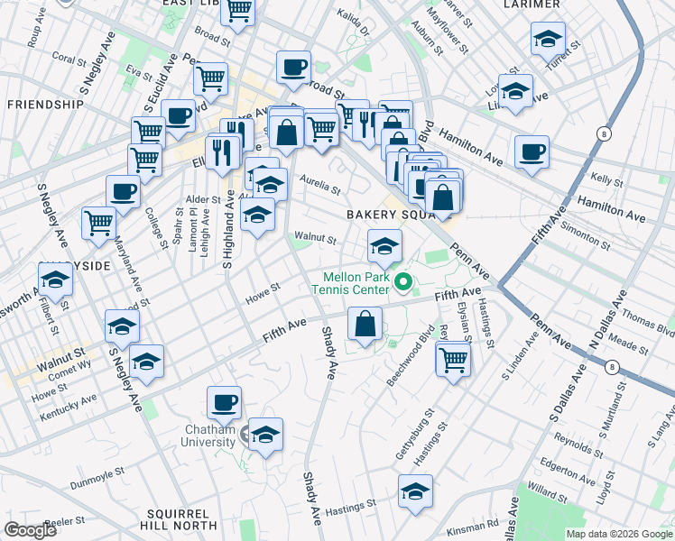map of restaurants, bars, coffee shops, grocery stores, and more near 342 Denniston Street in Pittsburgh