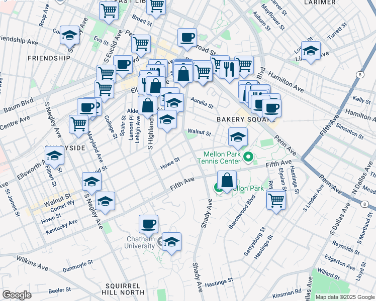 map of restaurants, bars, coffee shops, grocery stores, and more near 435 Shady Avenue in Pittsburgh