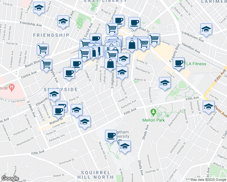 map of restaurants, bars, coffee shops, grocery stores, and more near 6105 Walnut Street in Pittsburgh