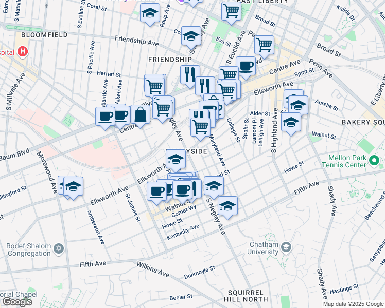map of restaurants, bars, coffee shops, grocery stores, and more near in Pittsburgh