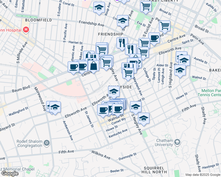 map of restaurants, bars, coffee shops, grocery stores, and more near 521 Ivy Street in Pittsburgh