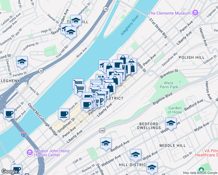 map of restaurants, bars, coffee shops, grocery stores, and more near 2550 Smallman Street in Pittsburgh