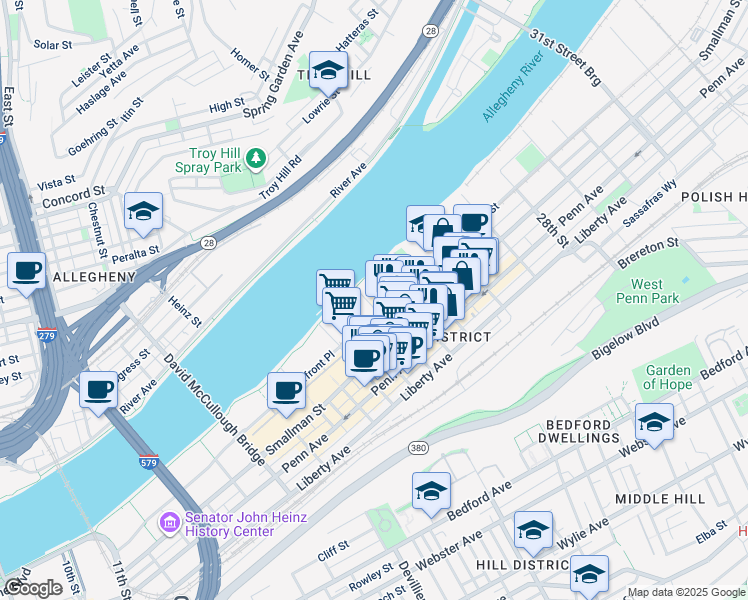 map of restaurants, bars, coffee shops, grocery stores, and more near 2349 Railroad Street in Pittsburgh