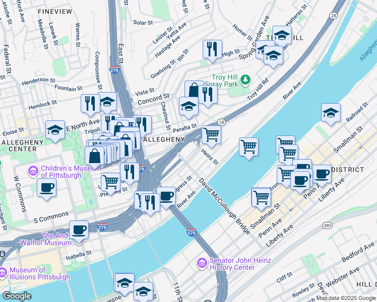map of restaurants, bars, coffee shops, grocery stores, and more near 1 Heinz Street in Pittsburgh