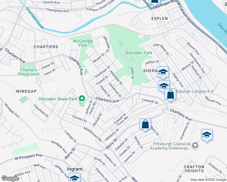 map of restaurants, bars, coffee shops, grocery stores, and more near 3207 Universal Street in Pittsburgh