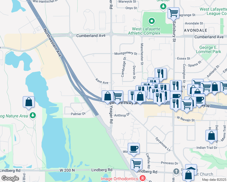 map of restaurants, bars, coffee shops, grocery stores, and more near 2611 Cambridge Street in West Lafayette