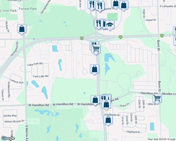 map of restaurants, bars, coffee shops, grocery stores, and more near 2004 Tracy Drive in Bloomington