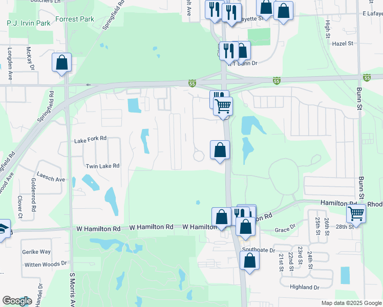 map of restaurants, bars, coffee shops, grocery stores, and more near 2004 Tracy Drive in Bloomington