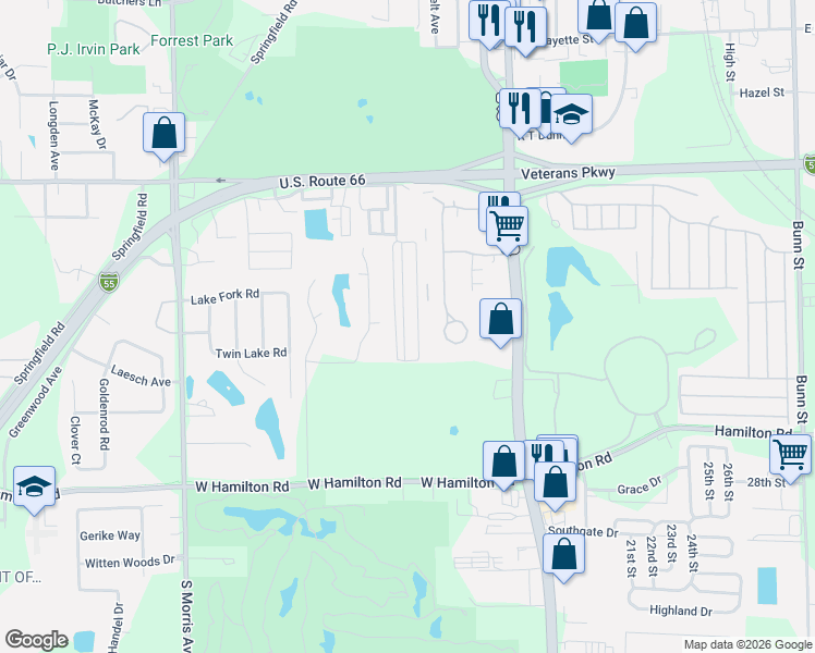 map of restaurants, bars, coffee shops, grocery stores, and more near 38 Ronald Drive in Bloomington
