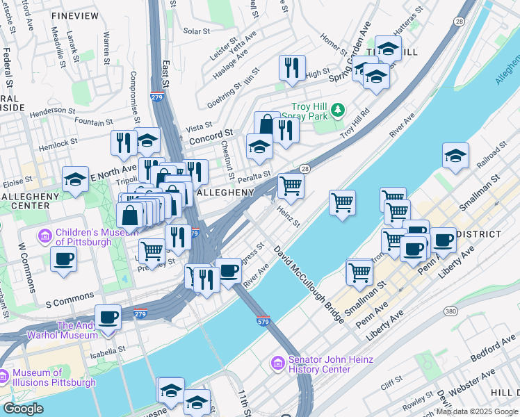 map of restaurants, bars, coffee shops, grocery stores, and more near 1 Heinz Street in Pittsburgh