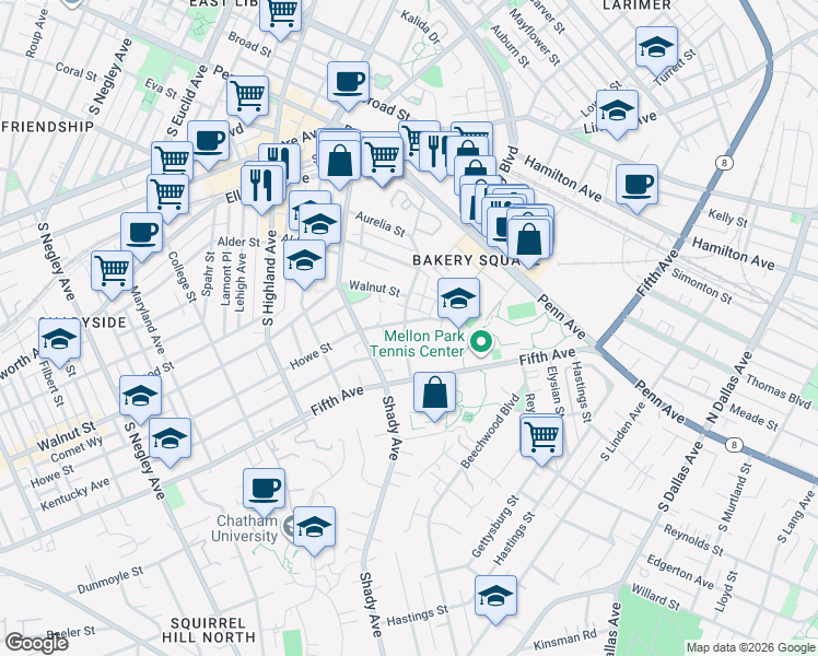 map of restaurants, bars, coffee shops, grocery stores, and more near 342 Denniston Street in Pittsburgh
