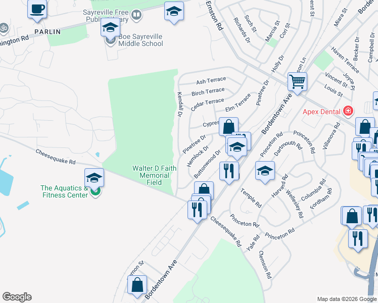 map of restaurants, bars, coffee shops, grocery stores, and more near 96 Pinetree Drive in Sayreville