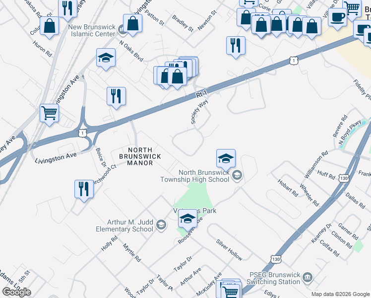 map of restaurants, bars, coffee shops, grocery stores, and more near 132 Pennsylvania Way in North Brunswick Township