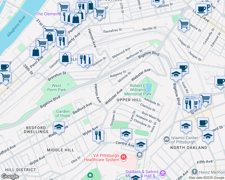 map of restaurants, bars, coffee shops, grocery stores, and more near 3377 Monroe Street in Pittsburgh