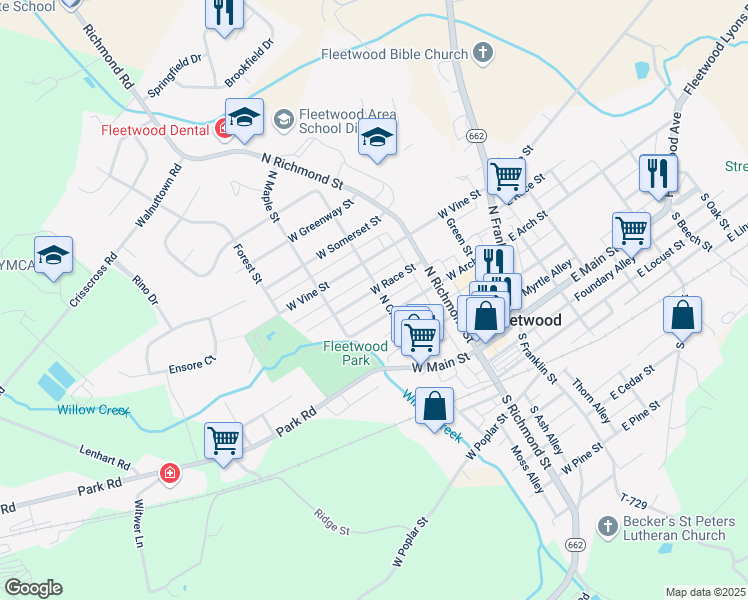 map of restaurants, bars, coffee shops, grocery stores, and more near 309 West Race Street in Fleetwood