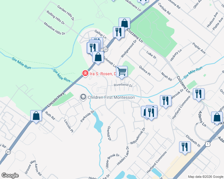 map of restaurants, bars, coffee shops, grocery stores, and more near 20 Riverbend Drive in North Brunswick Township