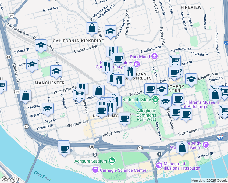 map of restaurants, bars, coffee shops, grocery stores, and more near 1201 Brighton Road in Pittsburgh