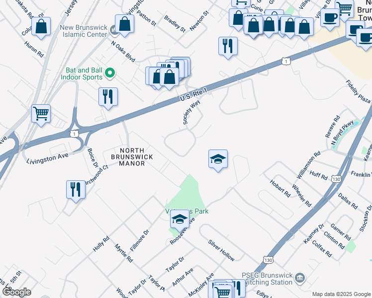 map of restaurants, bars, coffee shops, grocery stores, and more near 206 Pennsylvania Way in North Brunswick Township