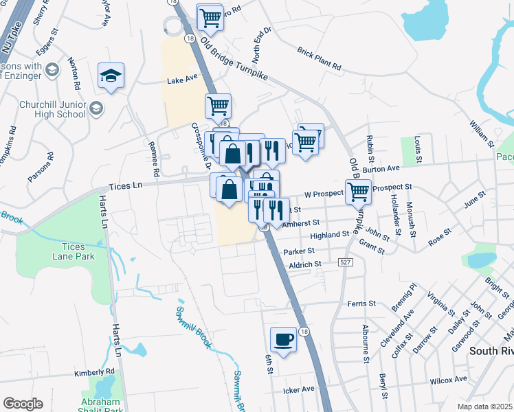 map of restaurants, bars, coffee shops, grocery stores, and more near in East Brunswick