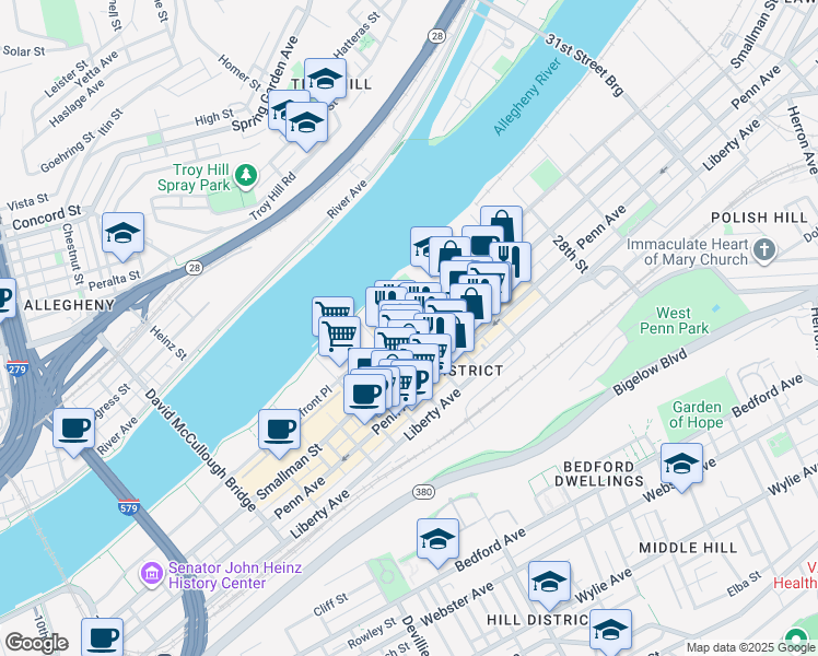 map of restaurants, bars, coffee shops, grocery stores, and more near 2404 Railroad Street in Pittsburgh