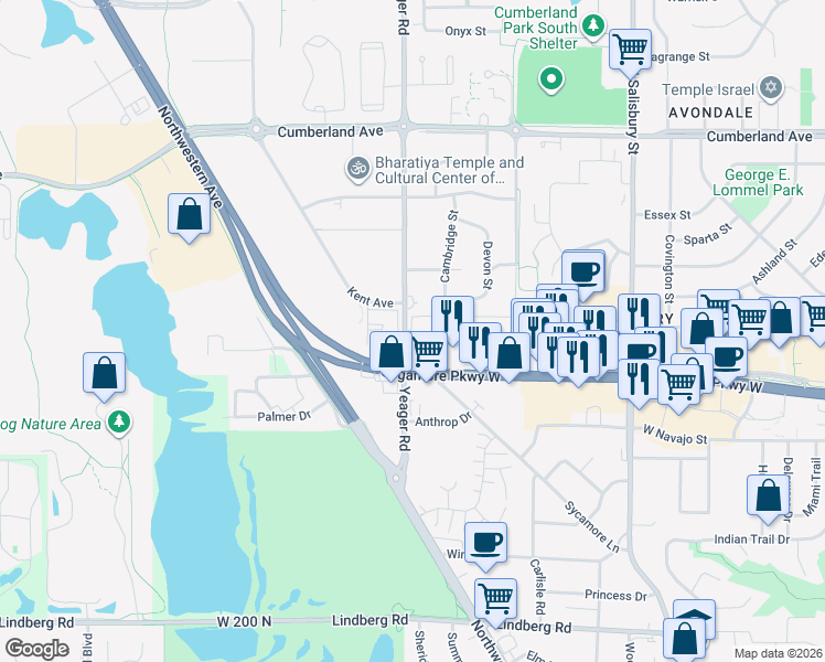 map of restaurants, bars, coffee shops, grocery stores, and more near 2550 Yeager Road in West Lafayette