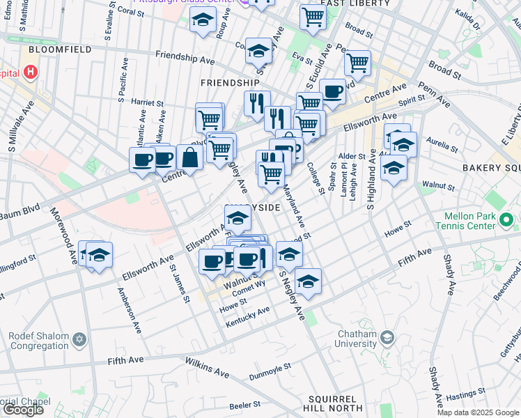 map of restaurants, bars, coffee shops, grocery stores, and more near in Pittsburgh