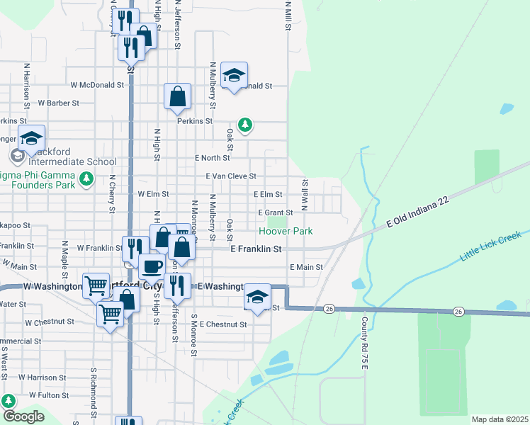 map of restaurants, bars, coffee shops, grocery stores, and more near 701 North Spring Street in Hartford City